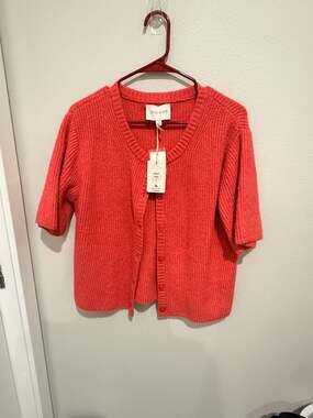 Pink Rose Short Sleeve Ribbed Knit Button Down Cardigan Coral Size M